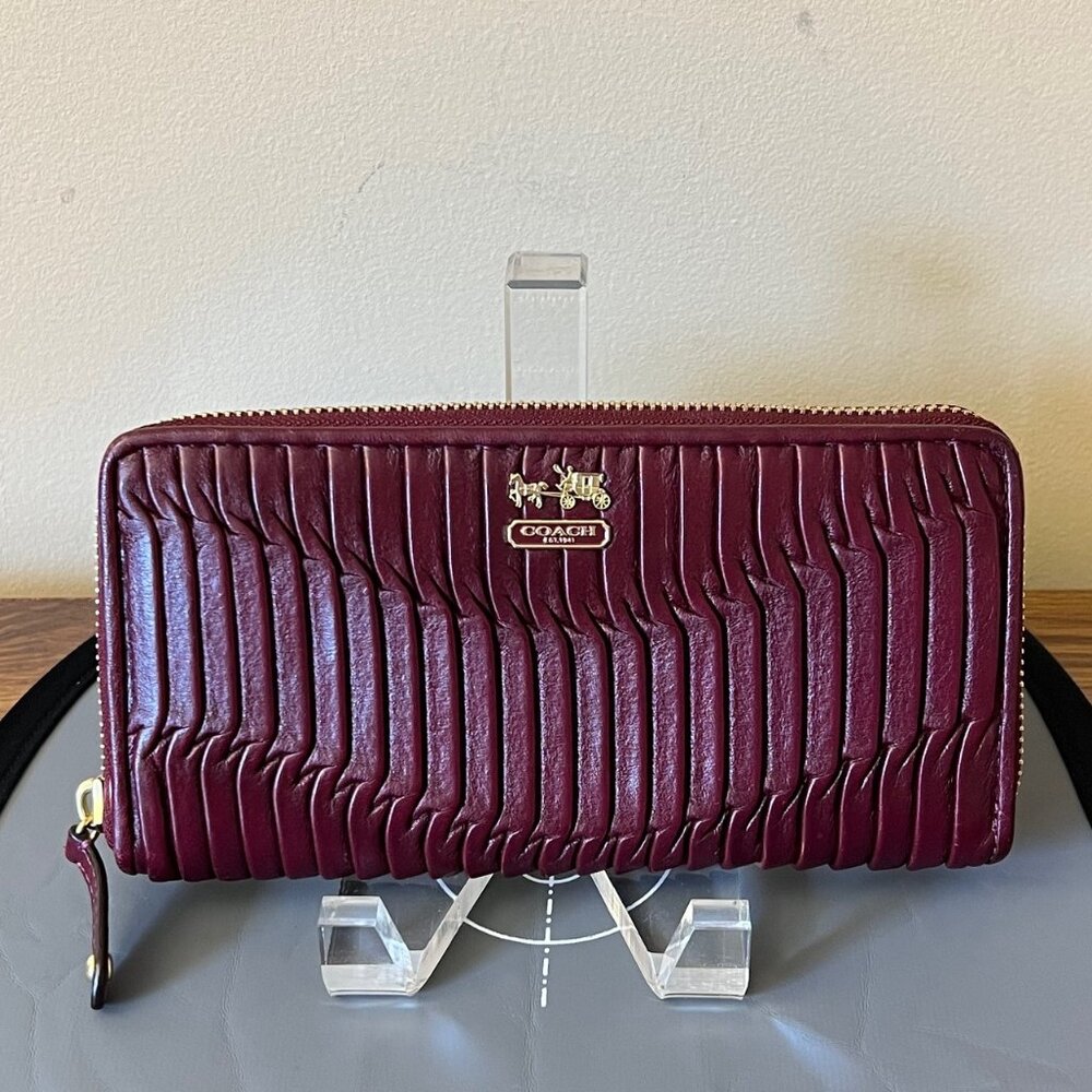 Coach Madison Gathered Leather Accordion Zip Wallet 46481 Bronze Bordeaux EUC